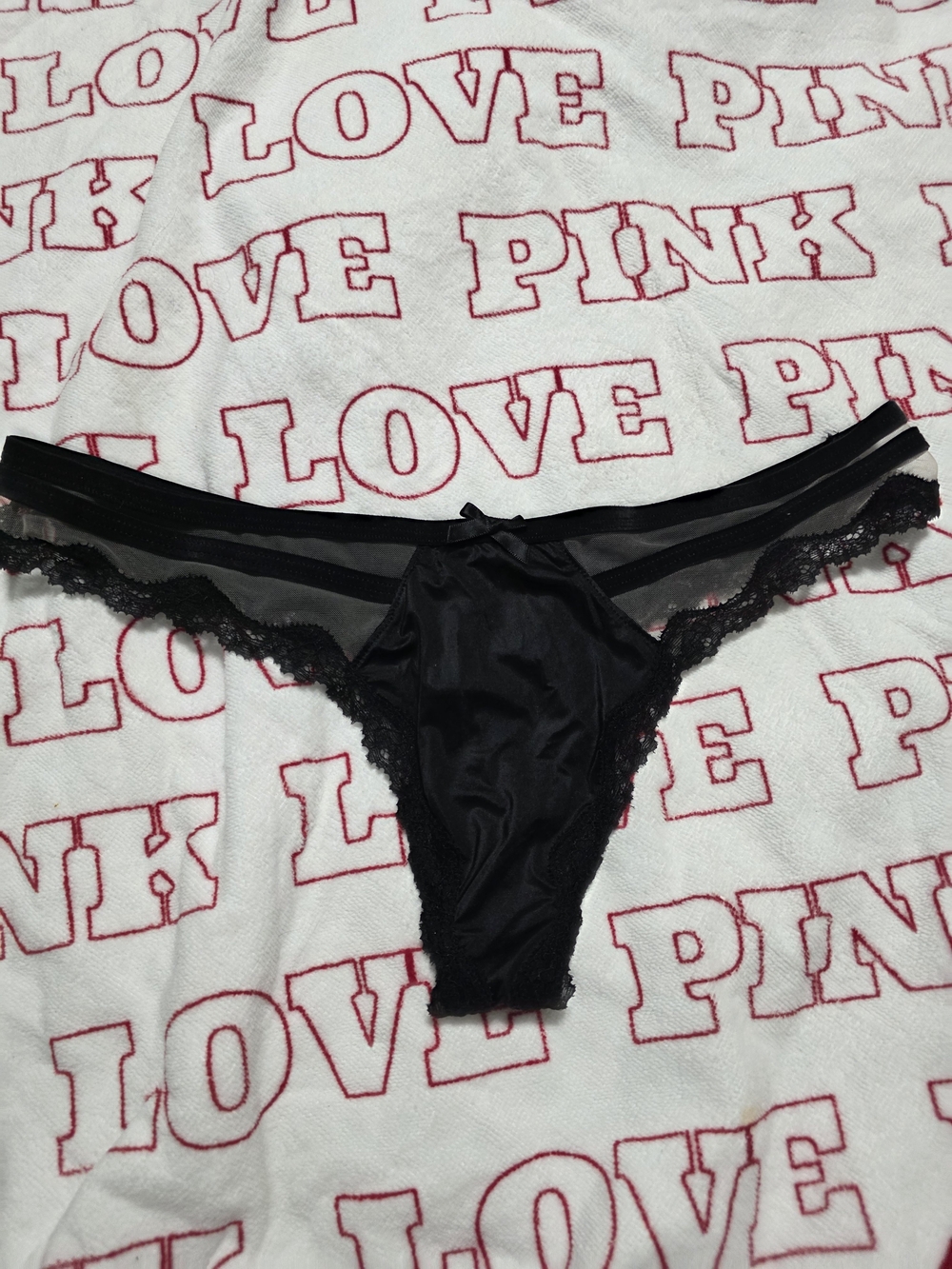 NWT Victoria's Secret Black Lace-Trim Satin Thong
